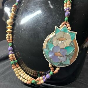 Artisan Floral Pendant Necklace with Purple and Green Accents